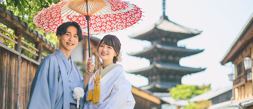 京都・大阪・東京 カップル着物＋女性ヘアセット＋写真撮影 1 時間付き レンタル 1 日プラン
